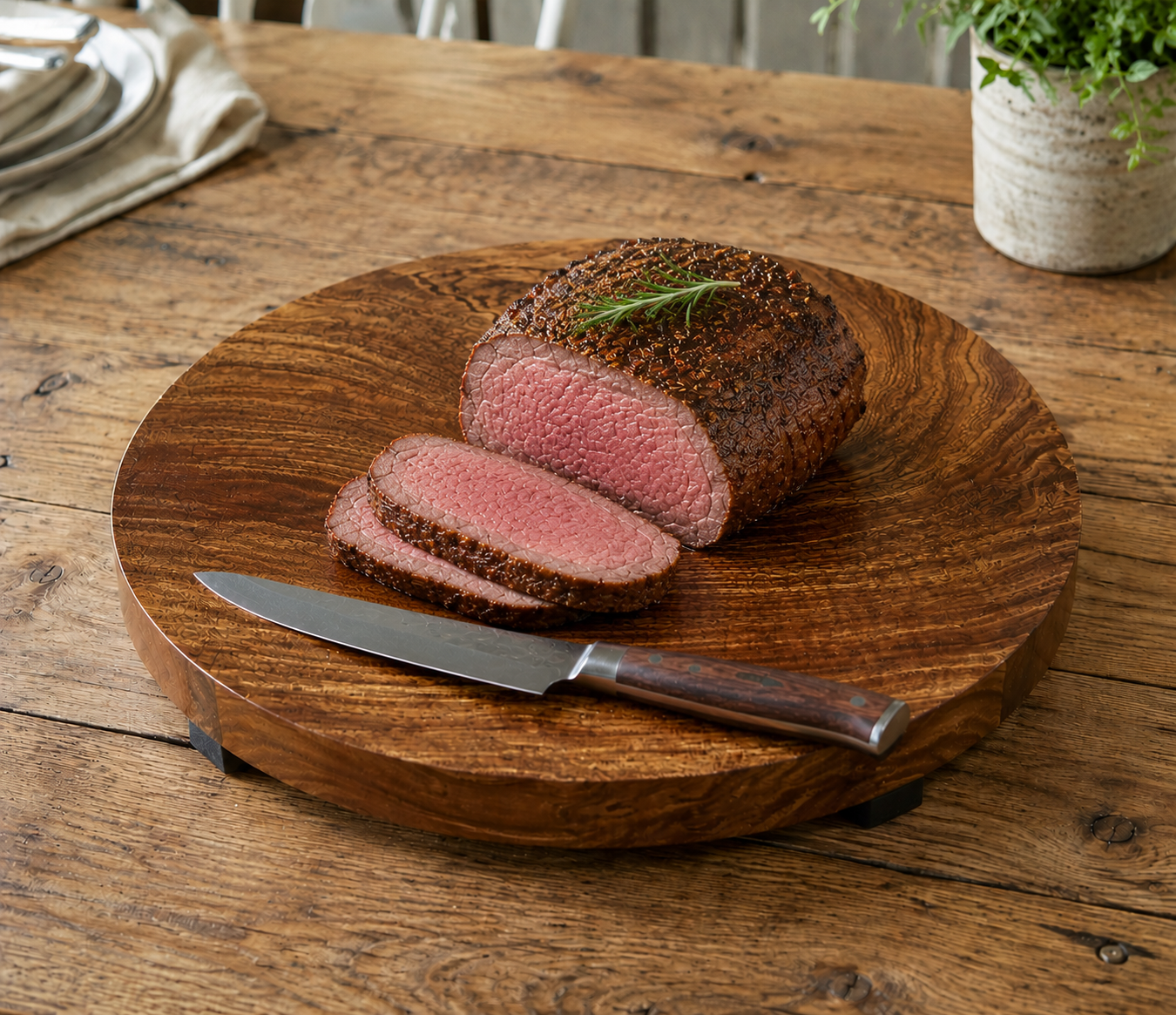 Round, Sapele - Butchers Block Style, with Waxed Sides. Cheese, Bread or Small Chop Board, with Rubber Feet. 280mm x 38mm.