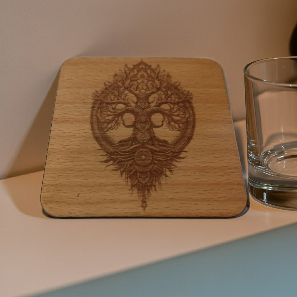 Set of 4 Square Steamed Beech Wood Coasters with Bumper Feet- Celt Mythology Tree Collection.