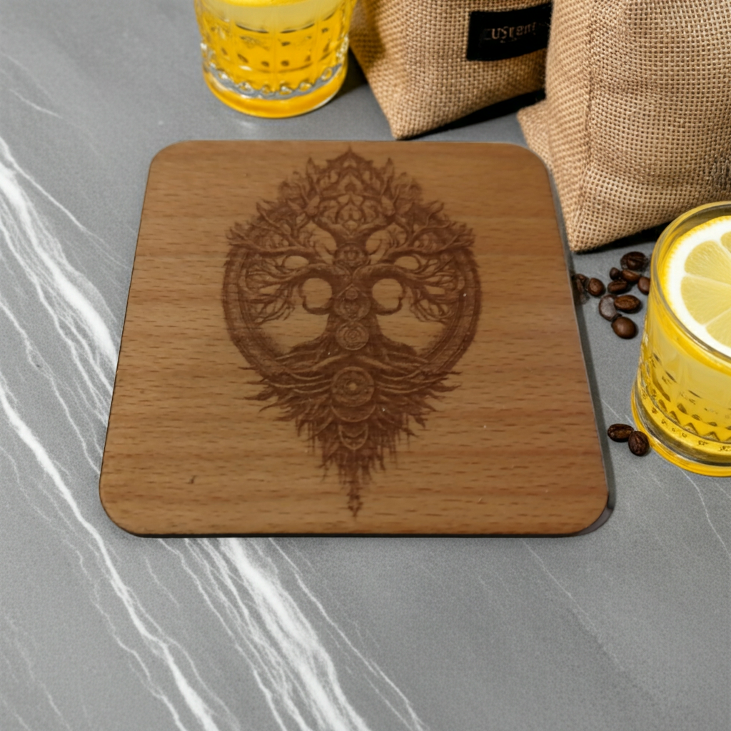 Set of 4 Square Steamed Beech Wood Coasters with Bumper Feet- Celt Mythology Tree Collection.