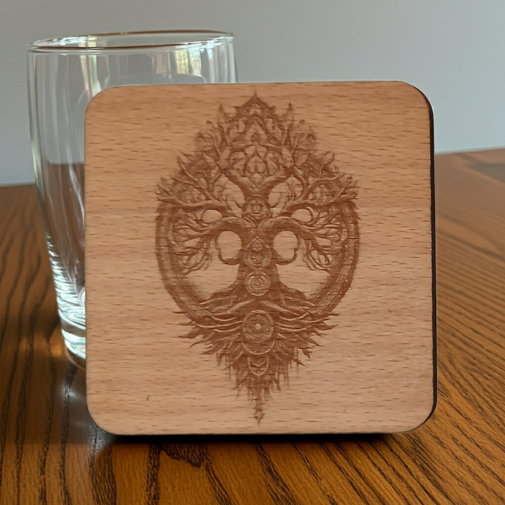 Set of 4 Square Steamed Beech Wood Coasters with Bumper Feet- Celt Mythology Tree Collection.