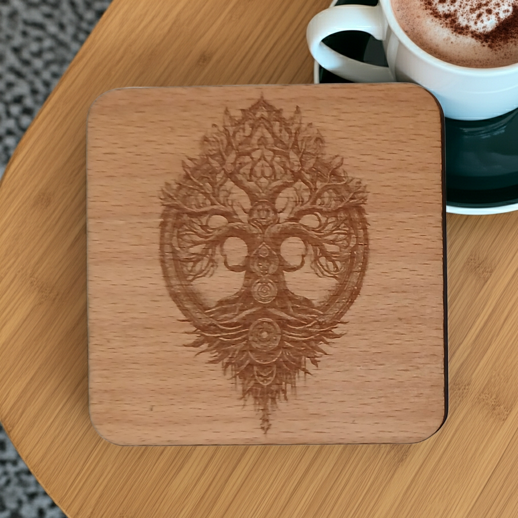Set of 4 Square Steamed Beech Wood Coasters with Bumper Feet- Celt Mythology Tree Collection.