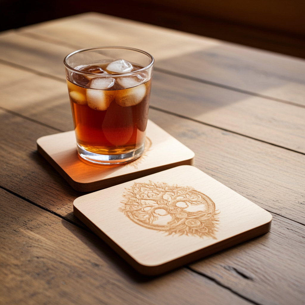 Set of 4 Square Steamed Beech Wood Coasters with Bumper Feet- Celt Mythology Tree Collection.