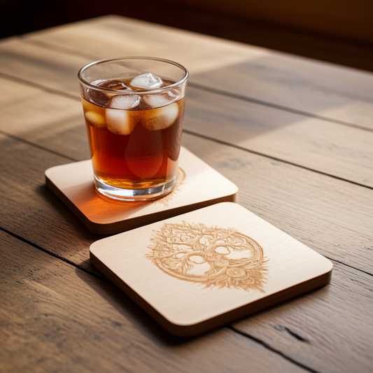 Set of 4 Square Steamed Beech Wood Coasters with Bumper Feet- Celt Mythology Tree Collection.