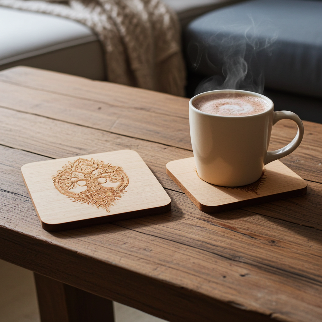 Set of 4 Square Steamed Beech Wood Coasters with Bumper Feet- Celt Mythology Tree Collection.