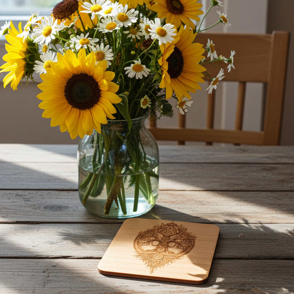Set of 4 Square Steamed Beech Wood Coasters with Bumper Feet- Celt Mythology Tree Collection.
