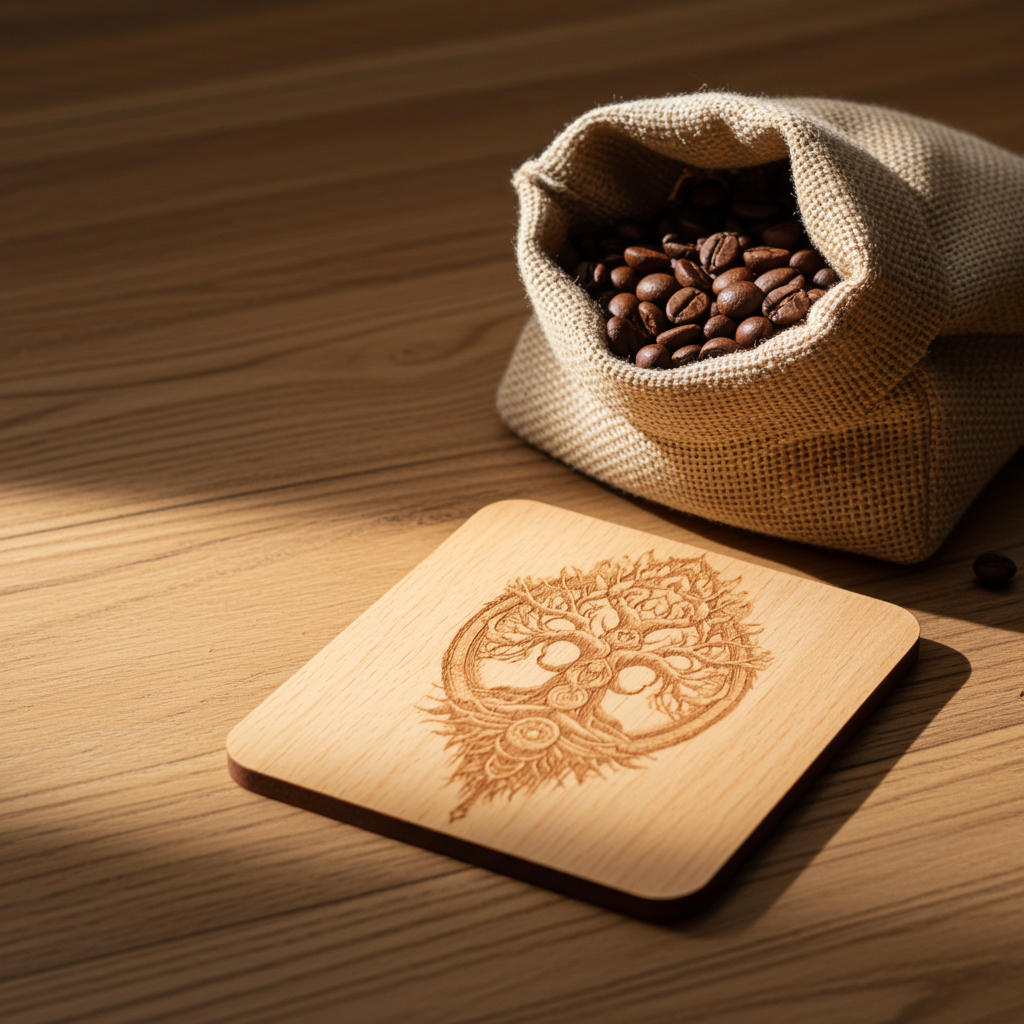 Set of 4 Square Steamed Beech Wood Coasters with Bumper Feet- Celt Mythology Tree Collection.