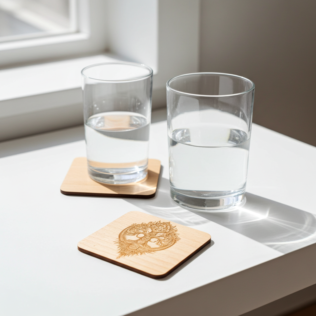 Set of 4 Square Steamed Beech Wood Coasters with Bumper Feet- Celt Mythology Tree Collection.