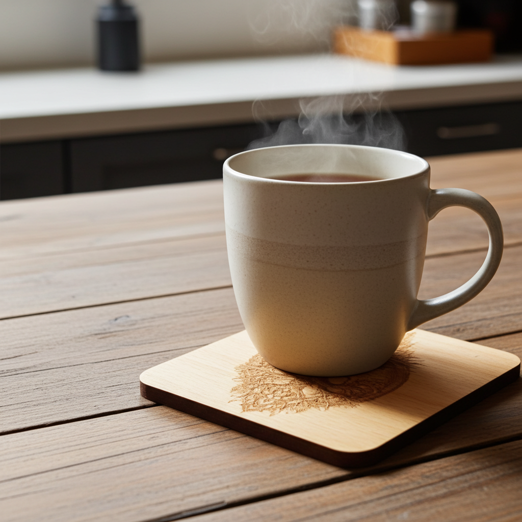 Set of 4 Square Steamed Beech Wood Coasters with Bumper Feet- Celt Mythology Tree Collection.