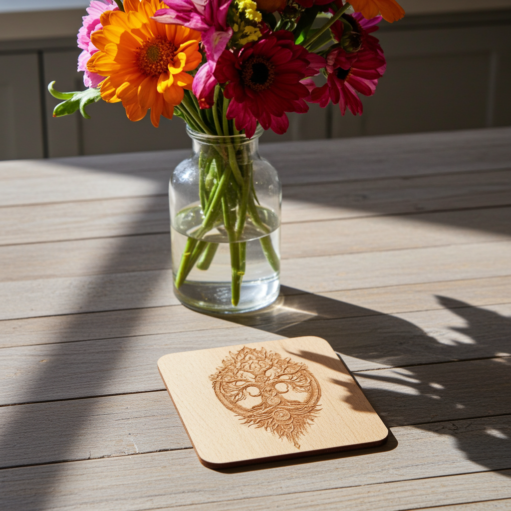 Set of 4 Square Steamed Beech Wood Coasters with Bumper Feet- Celt Mythology Tree Collection.