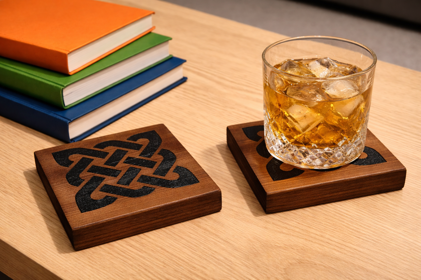 Set of 4,  Chunky, Celt Knot, Wood Drink Coasters, 100mm x 100mm x 17mm. with bumper feet.