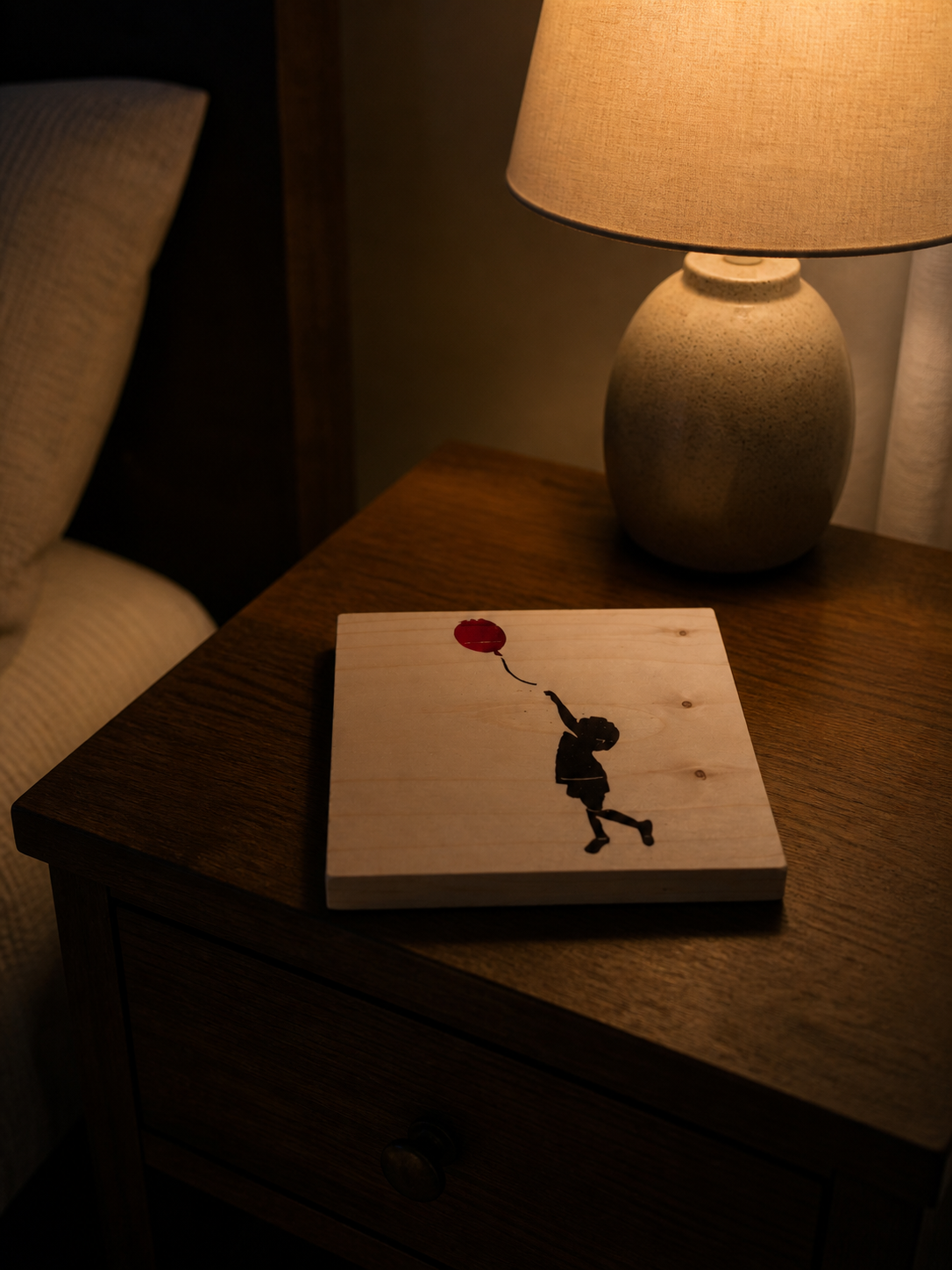 Set of 4, Banksy Inspired Coaster- Girl with Balloon. Hand painted. 100mm x 100mm x 19mm. With Bumper feet.