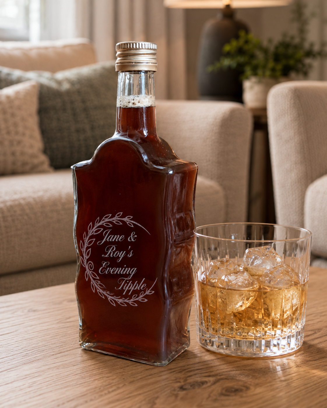 Personalised Engraved, 500ml, Wavy Glass Bottle with Screw Top.  (cold drinks, Alcohol, Oil Storage). Any Text and Font.