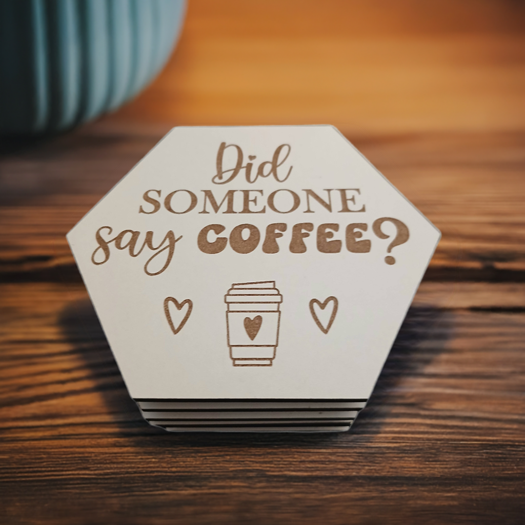 Set of 6, Coffee Themed Hexagon White Topped Drink Coasters. 9cms, with bumper feet.