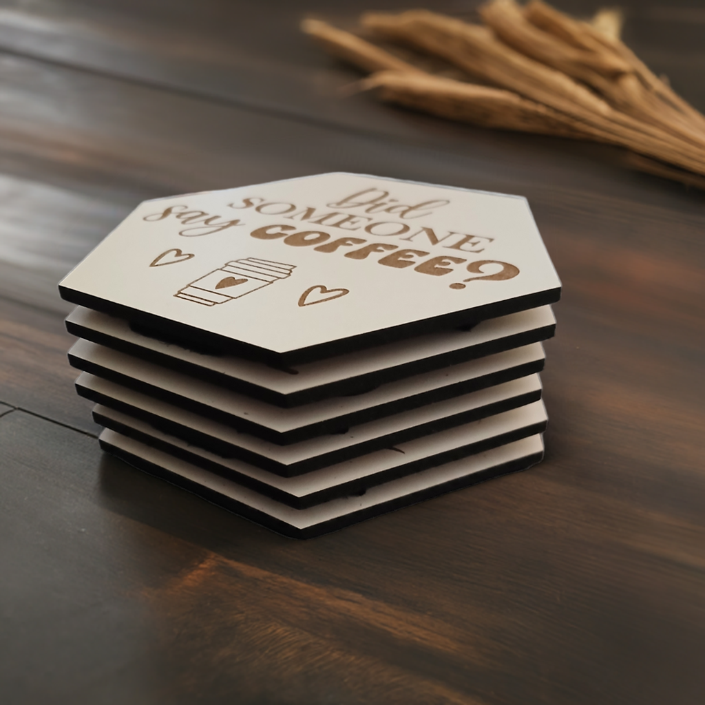 Set of 6, Coffee Themed Hexagon White Topped Drink Coasters. 9cms, with bumper feet.