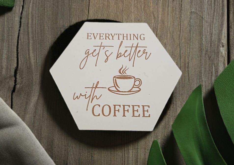 Set of 6, Coffee Themed Hexagon White Topped Drink Coasters. 9cms, with bumper feet.