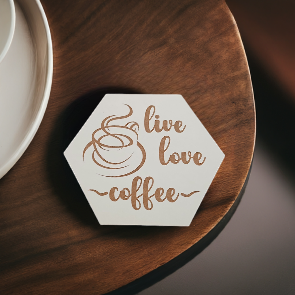 Set of 6, Coffee Themed Hexagon White Topped Drink Coasters. 9cms, with bumper feet.