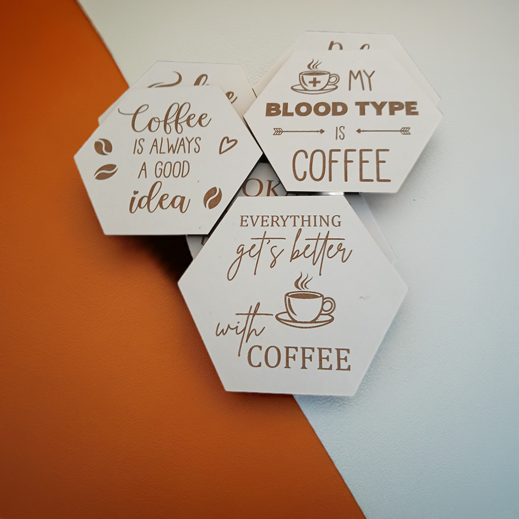 Set of 6, Coffee Themed Hexagon White Topped Drink Coasters. 9cms, with bumper feet.