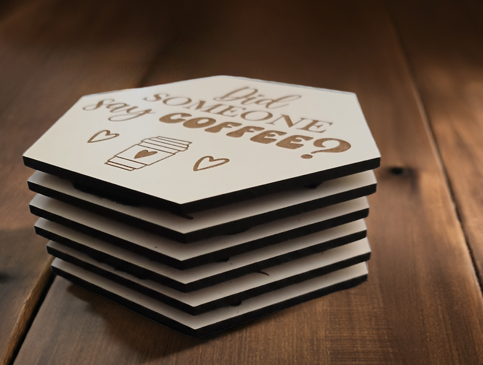 Set of 6, Coffee Themed Hexagon White Topped Drink Coasters. 9cms, with bumper feet.