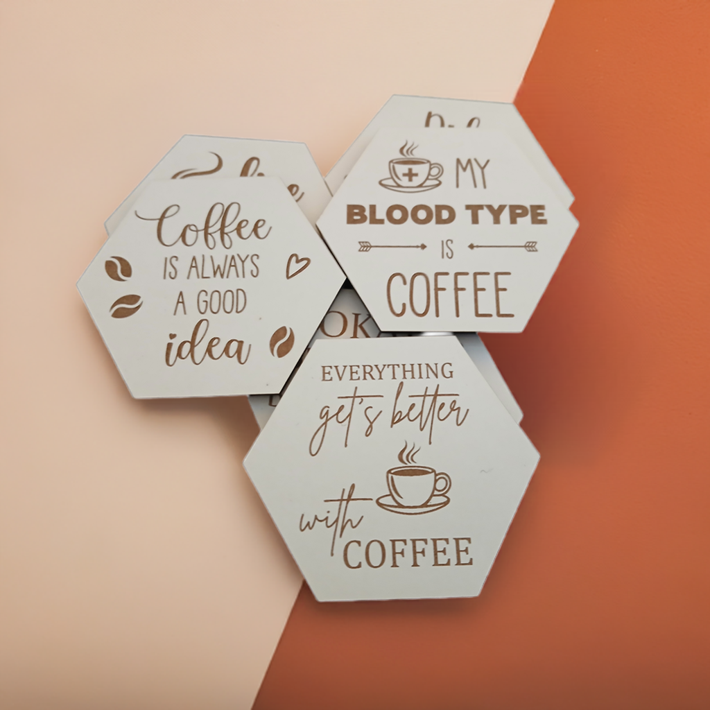 Set of 6, Coffee Themed Hexagon White Topped Drink Coasters. 9cms, with bumper feet.