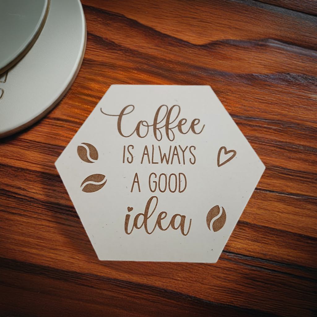 Set of 6, Coffee Themed Hexagon White Topped Drink Coasters. 9cms, with bumper feet.