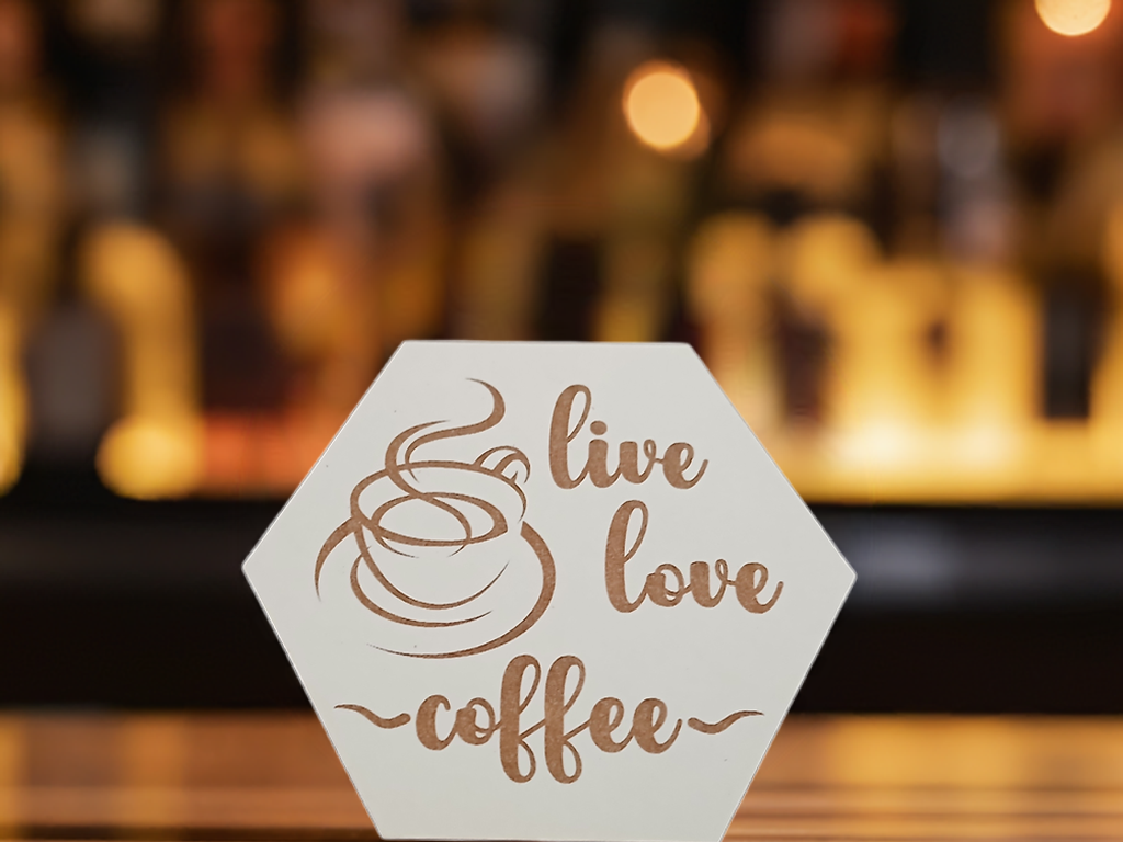 Set of 6, Coffee Themed Hexagon White Topped Drink Coasters. 9cms, with bumper feet.