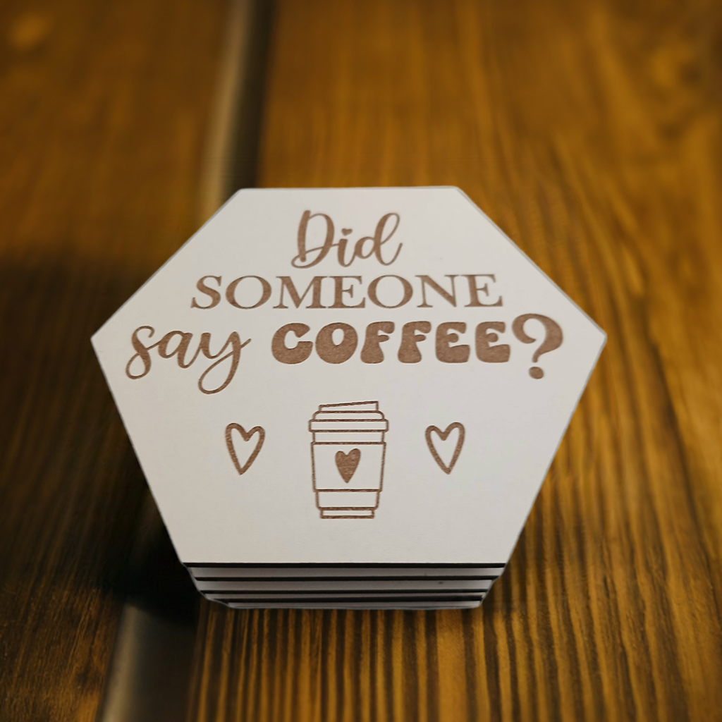 Set of 6, Coffee Themed Hexagon White Topped Drink Coasters. 9cms, with bumper feet.