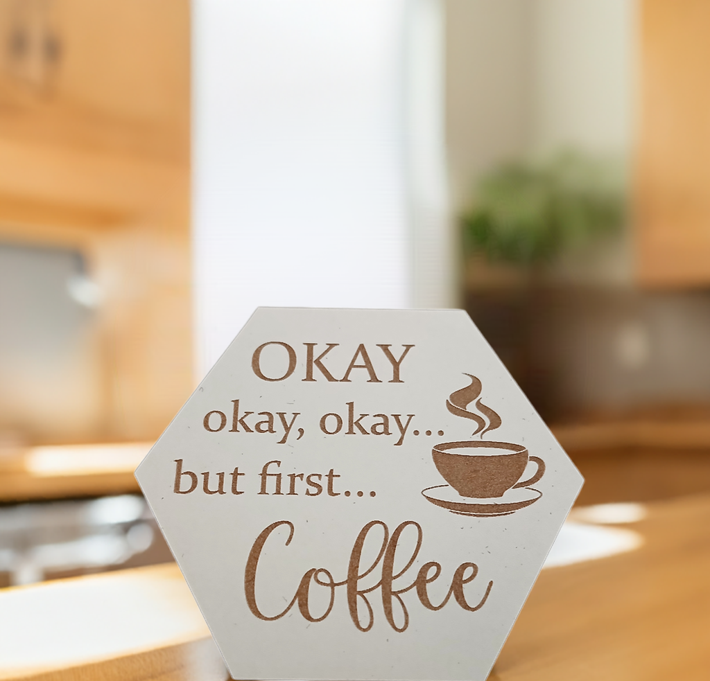 Set of 6, Coffee Themed Hexagon White Topped Drink Coasters. 9cms, with bumper feet.
