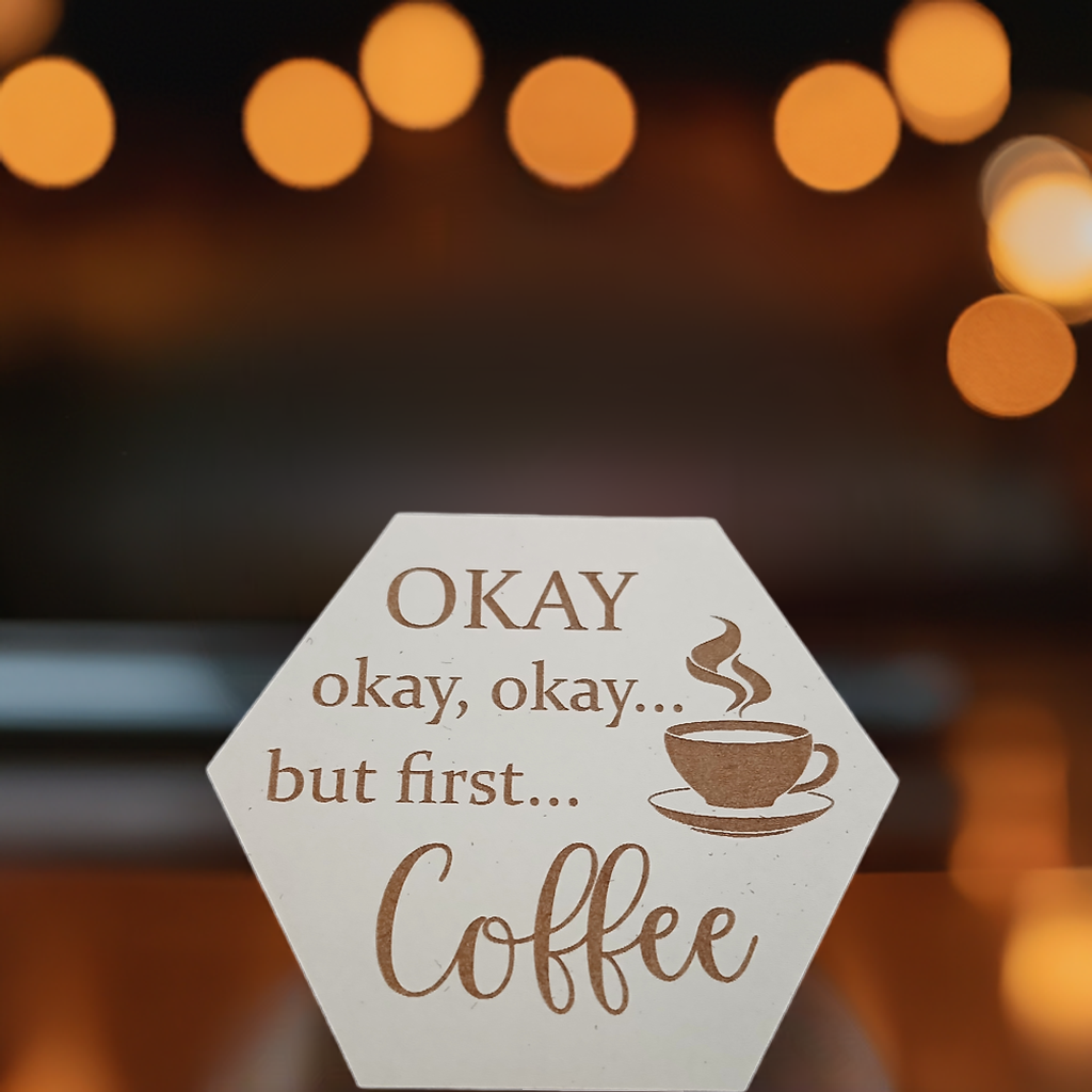 Set of 6, Coffee Themed Hexagon White Topped Drink Coasters. 9cms, with bumper feet.