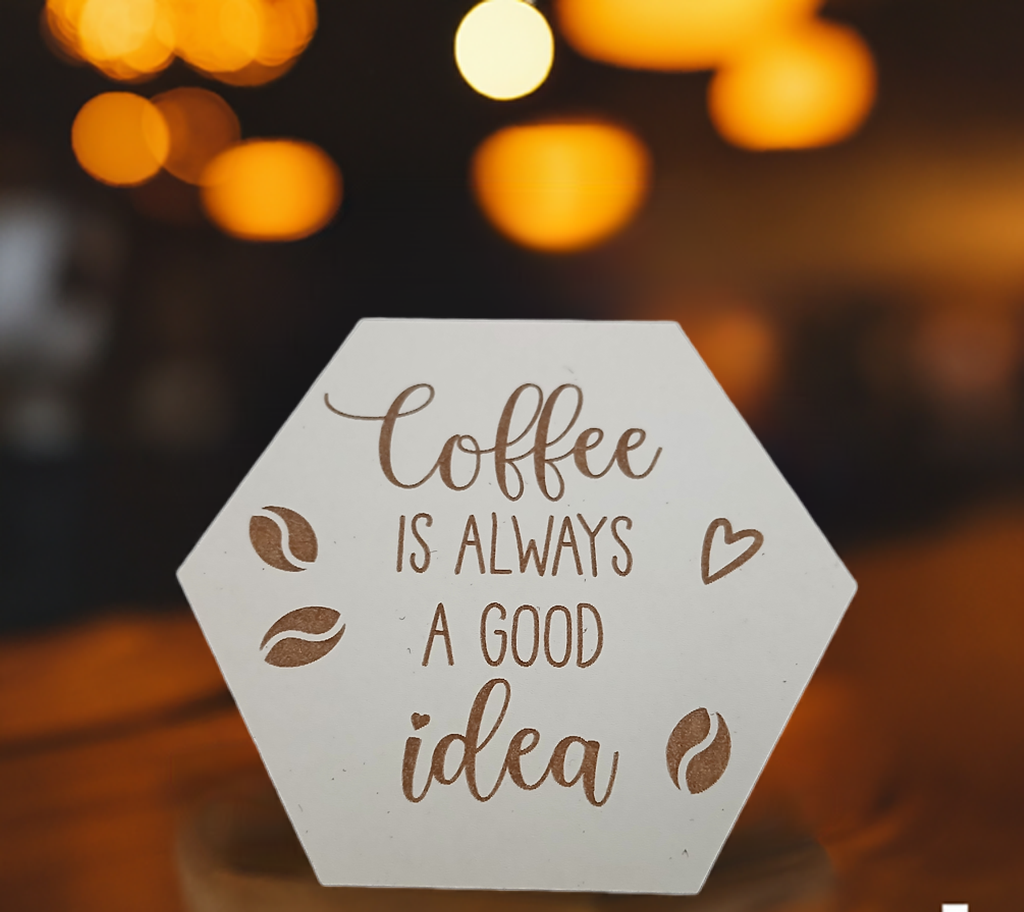 Set of 6, Coffee Themed Hexagon White Topped Drink Coasters. 9cms, with bumper feet.