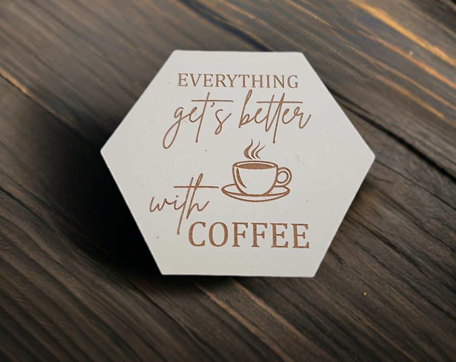 Set of 6, Coffee Themed Hexagon White Topped Drink Coasters. 9cms, with bumper feet.