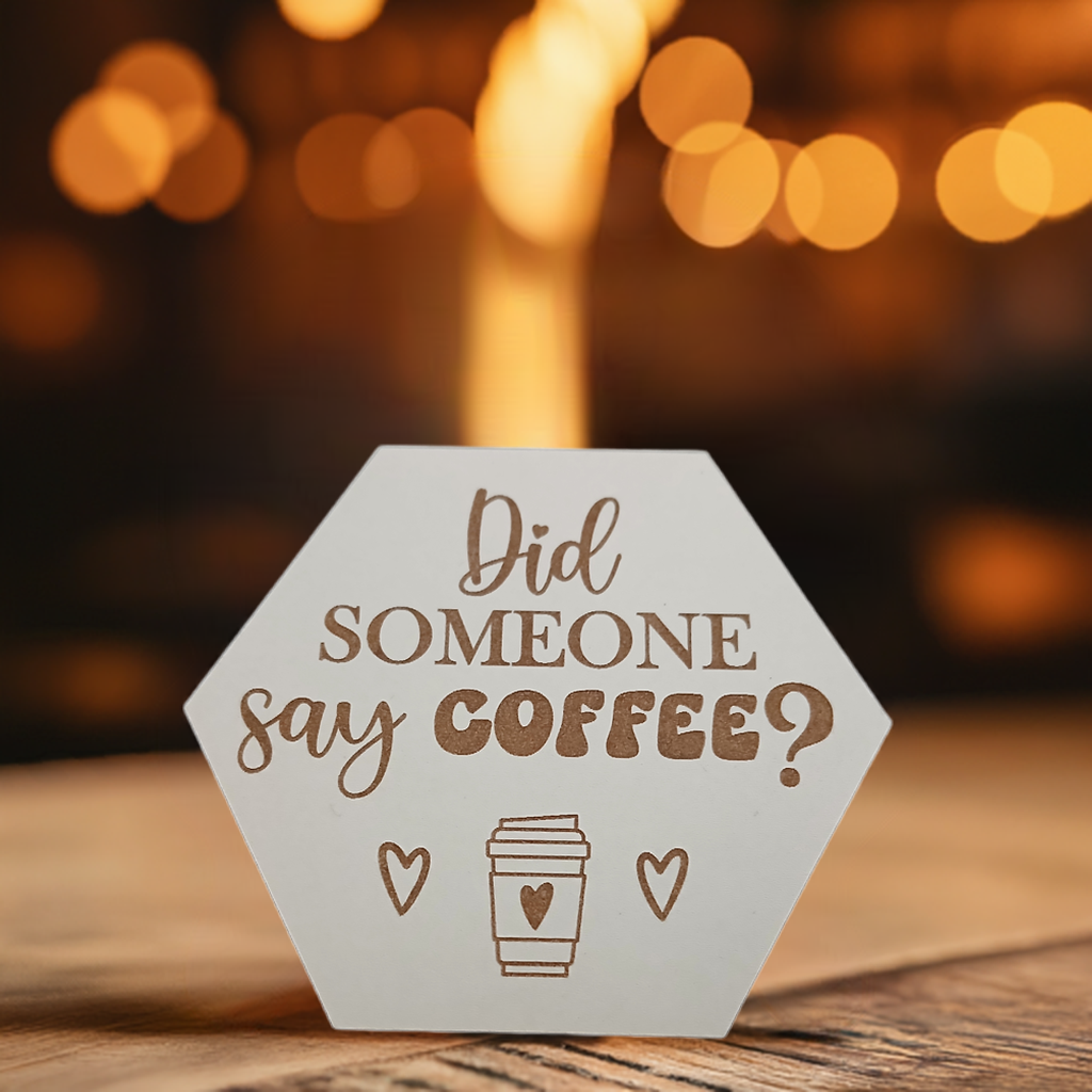 Set of 6, Coffee Themed Hexagon White Topped Drink Coasters. 9cms, with bumper feet.