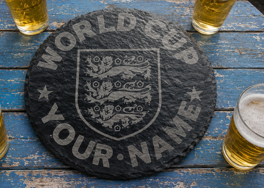 Personalised, World Cup, 30cm Round Slate Serving Platter for hot & cold food or drinks. With bumper feet and waterproofed. Any text and font.