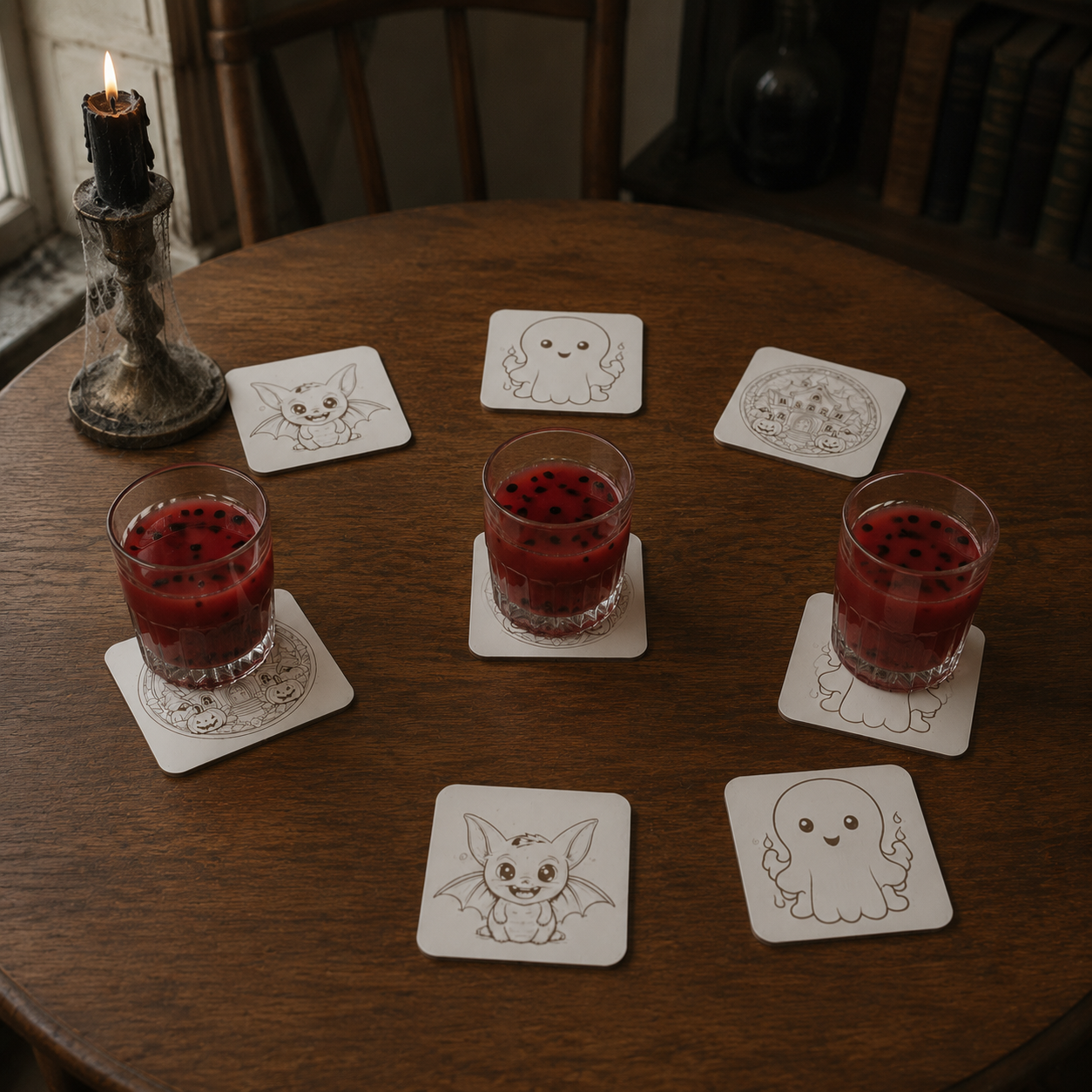 Set of 6, Fun Spooky Halloween White Wood Drink Coasters with Bumper Feet, (3 Designs).