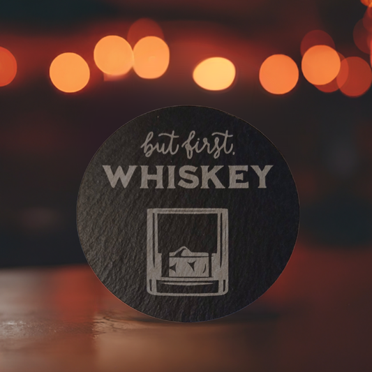 6 Drink Themed Chunky, Round, Slate Coasters with Bumper Feet.