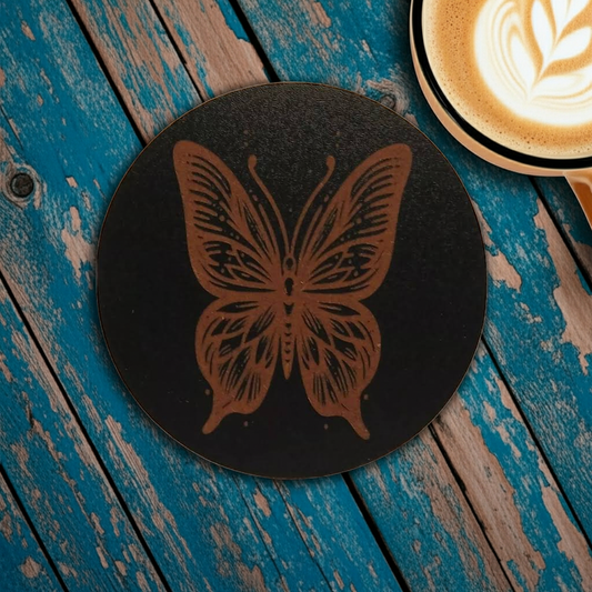 Set of 6, Round Wooden Coasters. Butterfly Collection. Stylish, Durable, Bumper Feet.