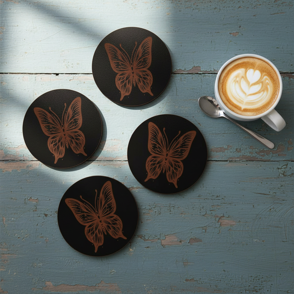 Set of 6, Round Wooden Coasters. Butterfly Collection. Stylish, Durable, Bumper Feet.