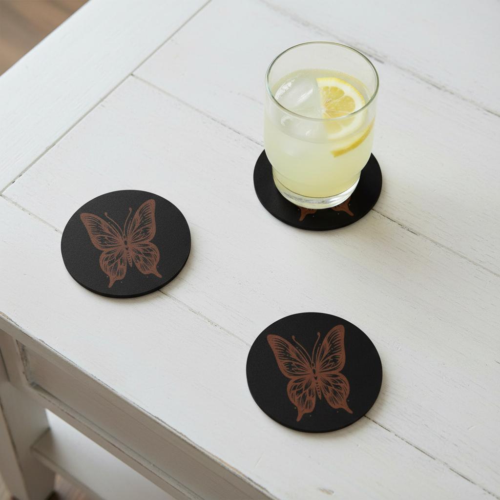 Set of 6, Round Wooden Coasters. Butterfly Collection. Stylish, Durable, Bumper Feet.