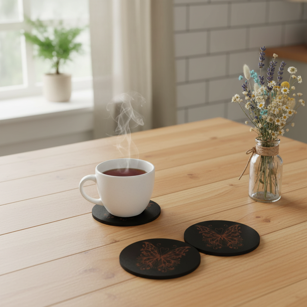 Set of 6, Round Wooden Coasters. Butterfly Collection. Stylish, Durable, Bumper Feet.