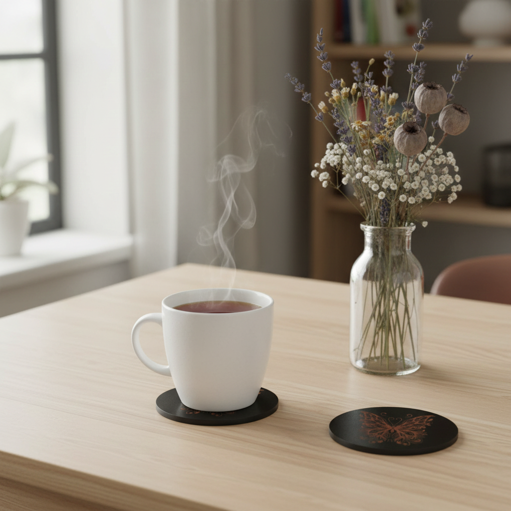 Set of 6, Round Wooden Coasters. Butterfly Collection. Stylish, Durable, Bumper Feet.