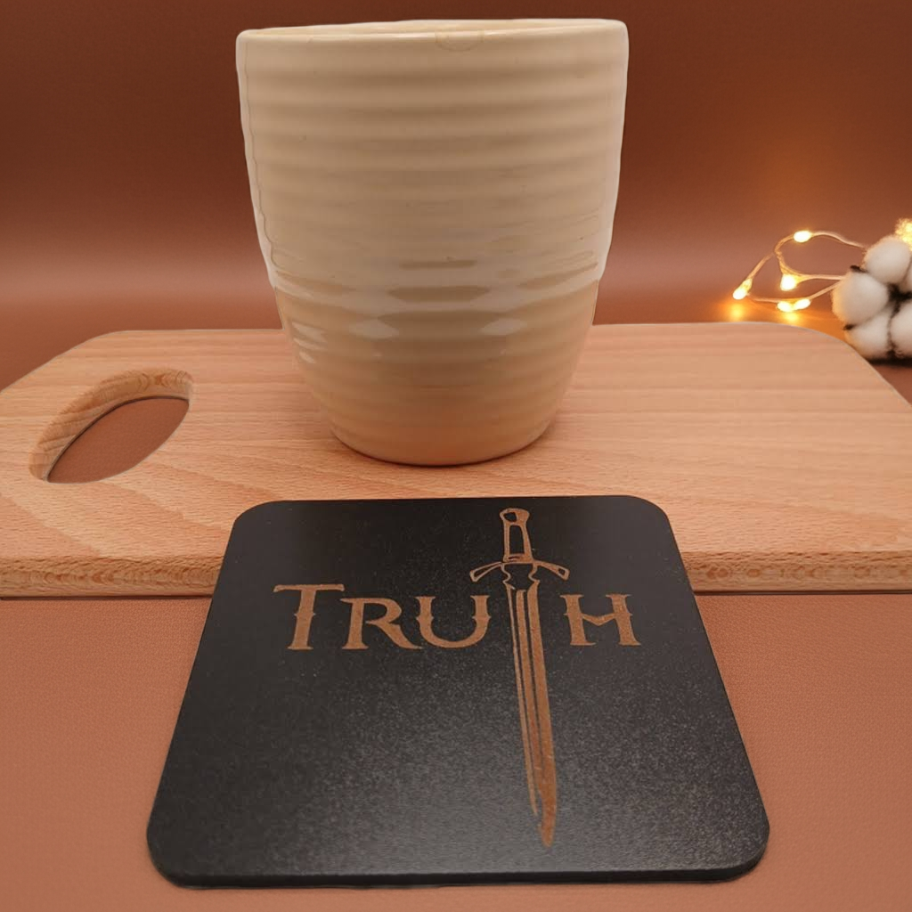 6 Wooden Coasters. Swords Collection. (3 Designs), Square. Black Wood Collection.