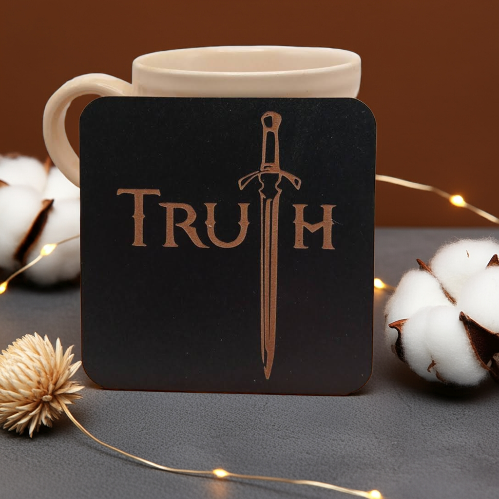 6 Wooden Coasters. Swords Collection. (3 Designs), Square. Black Wood Collection.