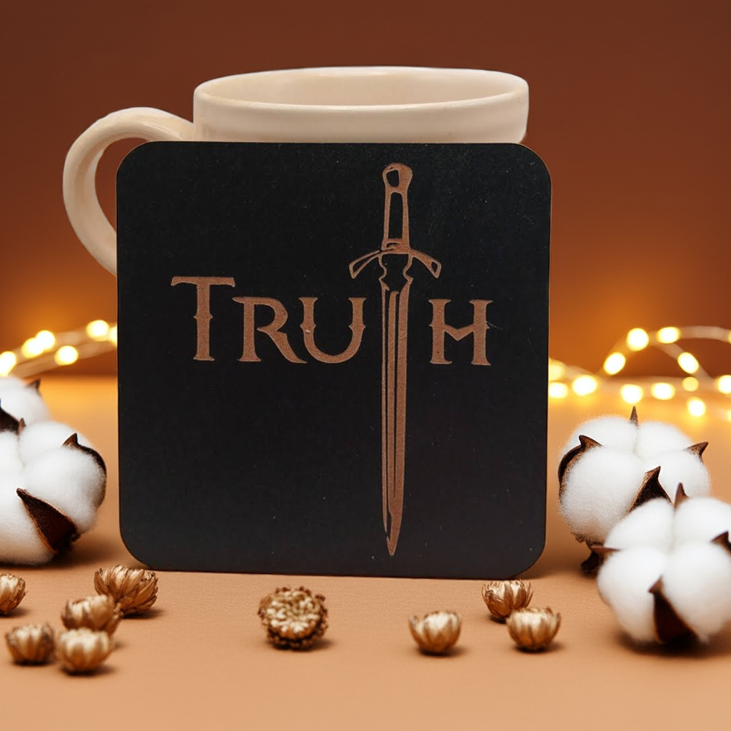 6 Wooden Coasters. Swords Collection. (3 Designs), Square. Black Wood Collection.