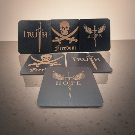 6 Wooden Coasters. Swords Collection. (3 Designs), Square. Black Wood Collection.