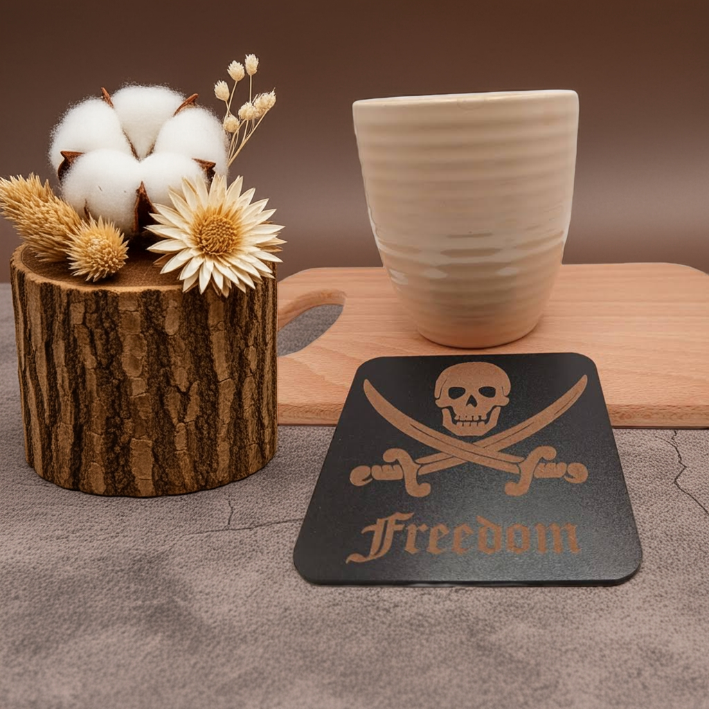 6 Wooden Coasters. Swords Collection. (3 Designs), Square. Black Wood Collection.