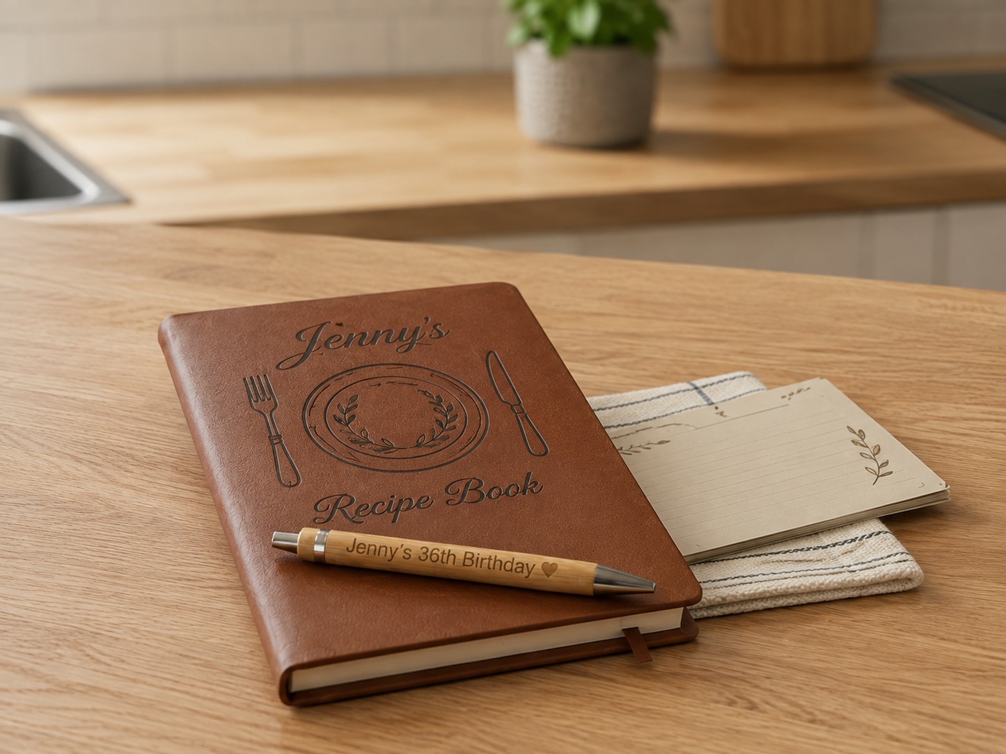 Personalised PU Tan Notebook & Bamboo Pen Set | Custom Engraved Hardback Notebook.