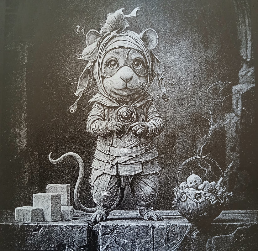 Whimsical Mouse Laser Engraving - Layered Wood Art by H&B Thanet with Oak Frame