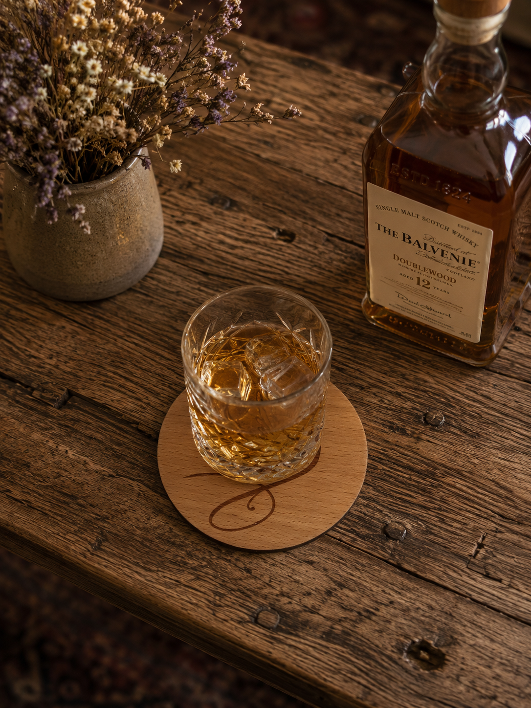 Set of 4, Steamed Beech Drink Coasters with a Sleek Bird Engraving, with Bumper Feet.