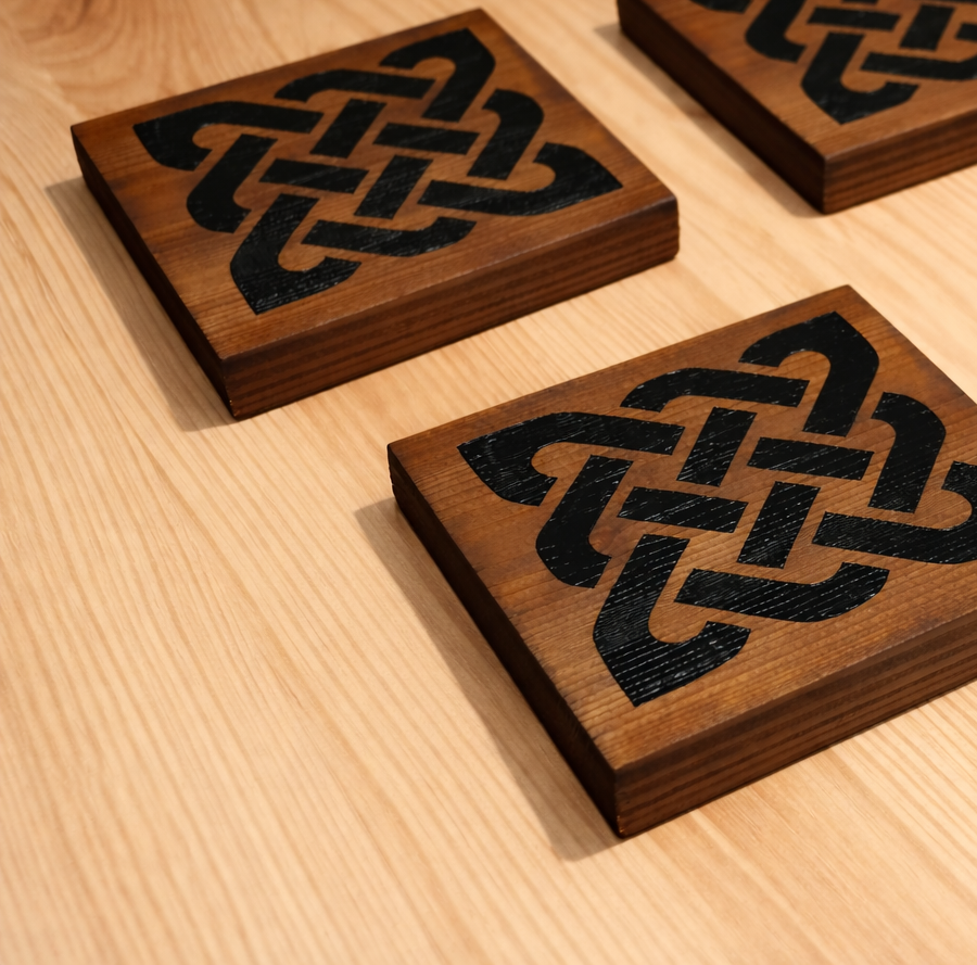 Set of 4,  Chunky, Celt Knot, Wood Drink Coasters, 100mm x 100mm x 17mm. with bumper feet.