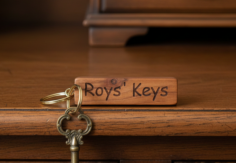 8.5cm Personalised Keyring. Any font and Text. Made from UK Cherry Wood.