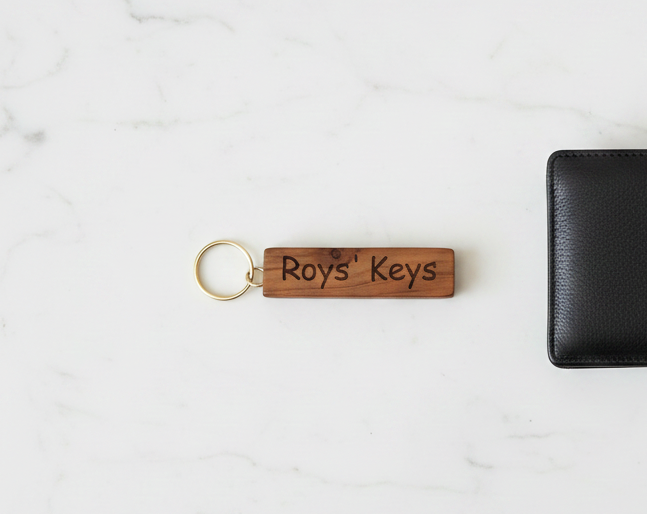 8.5cm Personalised Keyring. Any font and Text. Made from UK Cherry Wood.